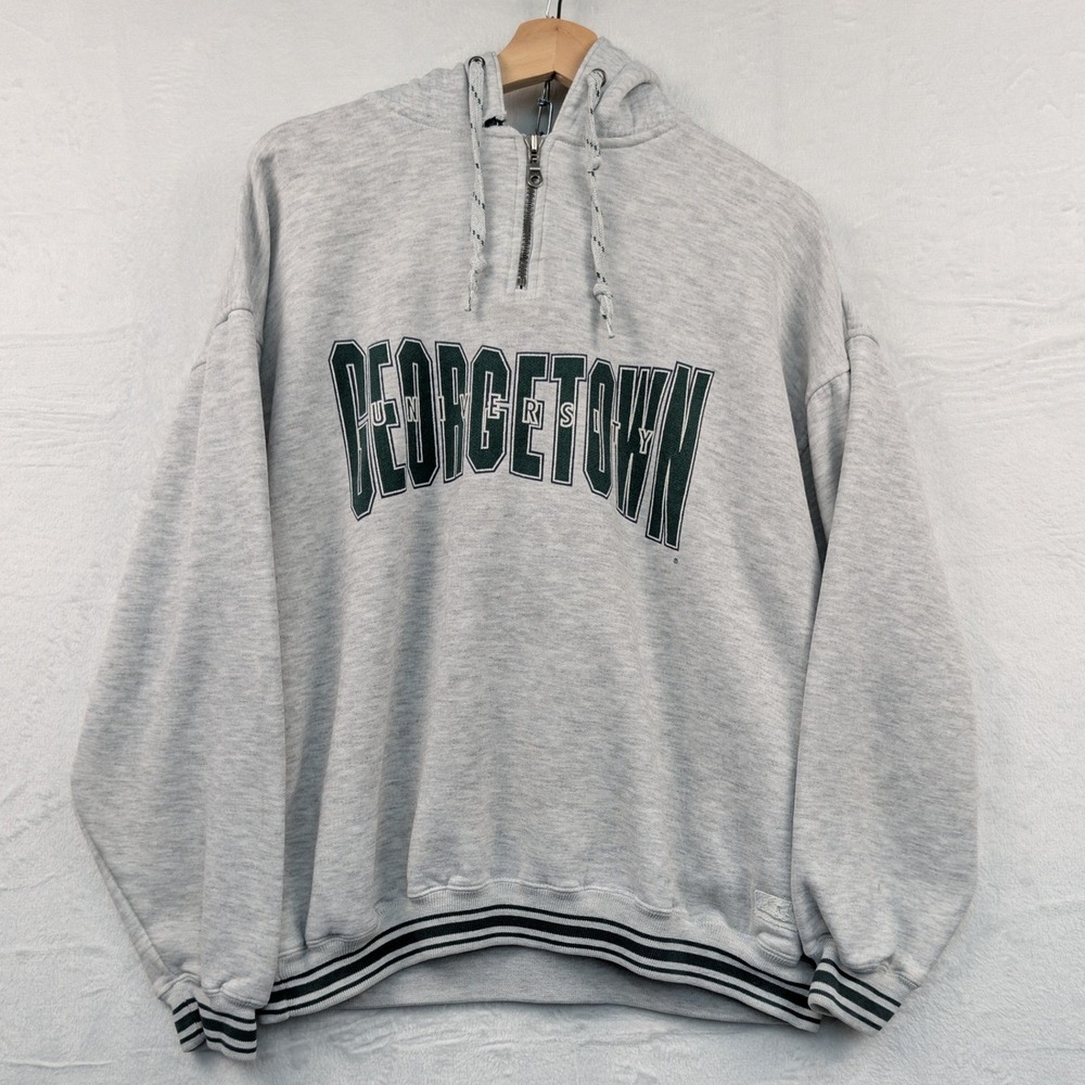 VTG Georgetown University Hoodie Men's L Gray Green Thermal Hood Quarter Zip 90s